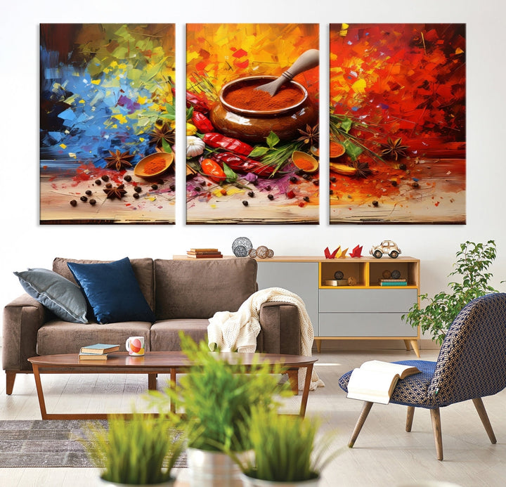 The Abstract Spoonful of Spice Art Print Kitchen Herbs and Spices, a triptych featuring colorful spices and a wooden bowl printed on museum-quality canvas, is ready to hang.