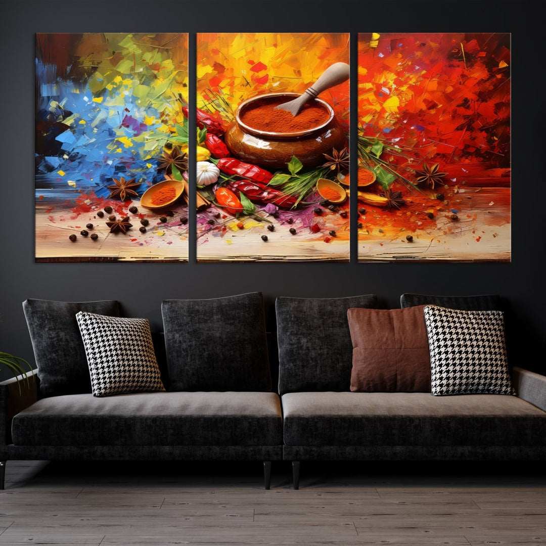 The Abstract Spoonful of Spice Art Print Kitchen Herbs and Spices, a triptych featuring colorful spices and a wooden bowl printed on museum-quality canvas, is ready to hang.