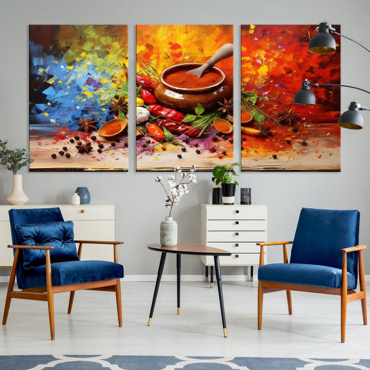 The Abstract Spoonful of Spice Art Print Kitchen Herbs and Spices, a triptych featuring colorful spices and a wooden bowl printed on museum-quality canvas, is ready to hang.