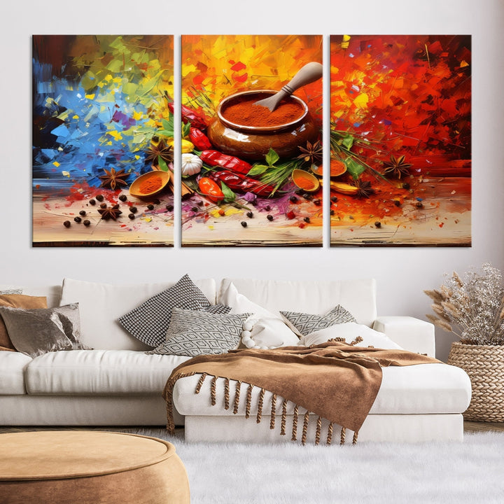 The Abstract Spoonful of Spice Art Print Kitchen Herbs and Spices, a triptych featuring colorful spices and a wooden bowl printed on museum-quality canvas, is ready to hang.