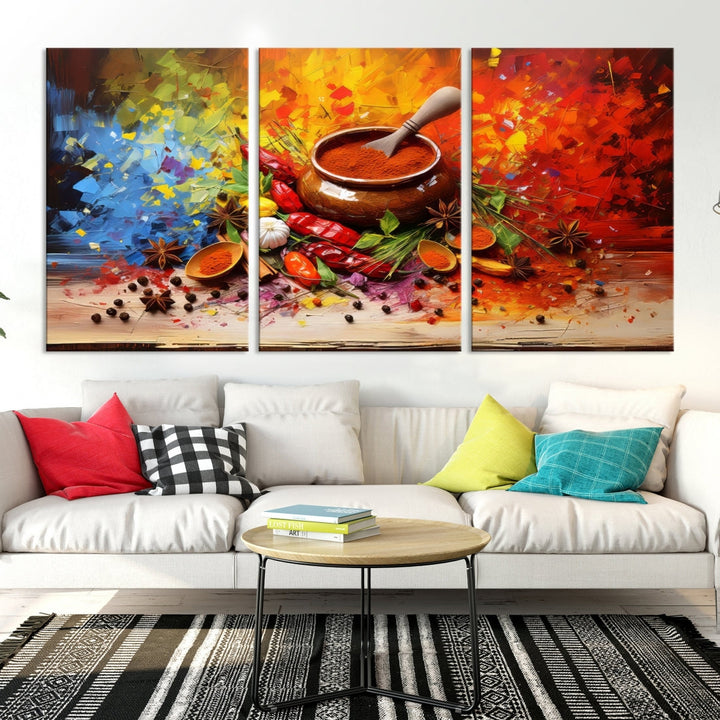 The Abstract Spoonful of Spice Art Print Kitchen Herbs and Spices, a triptych featuring colorful spices and a wooden bowl printed on museum-quality canvas, is ready to hang.