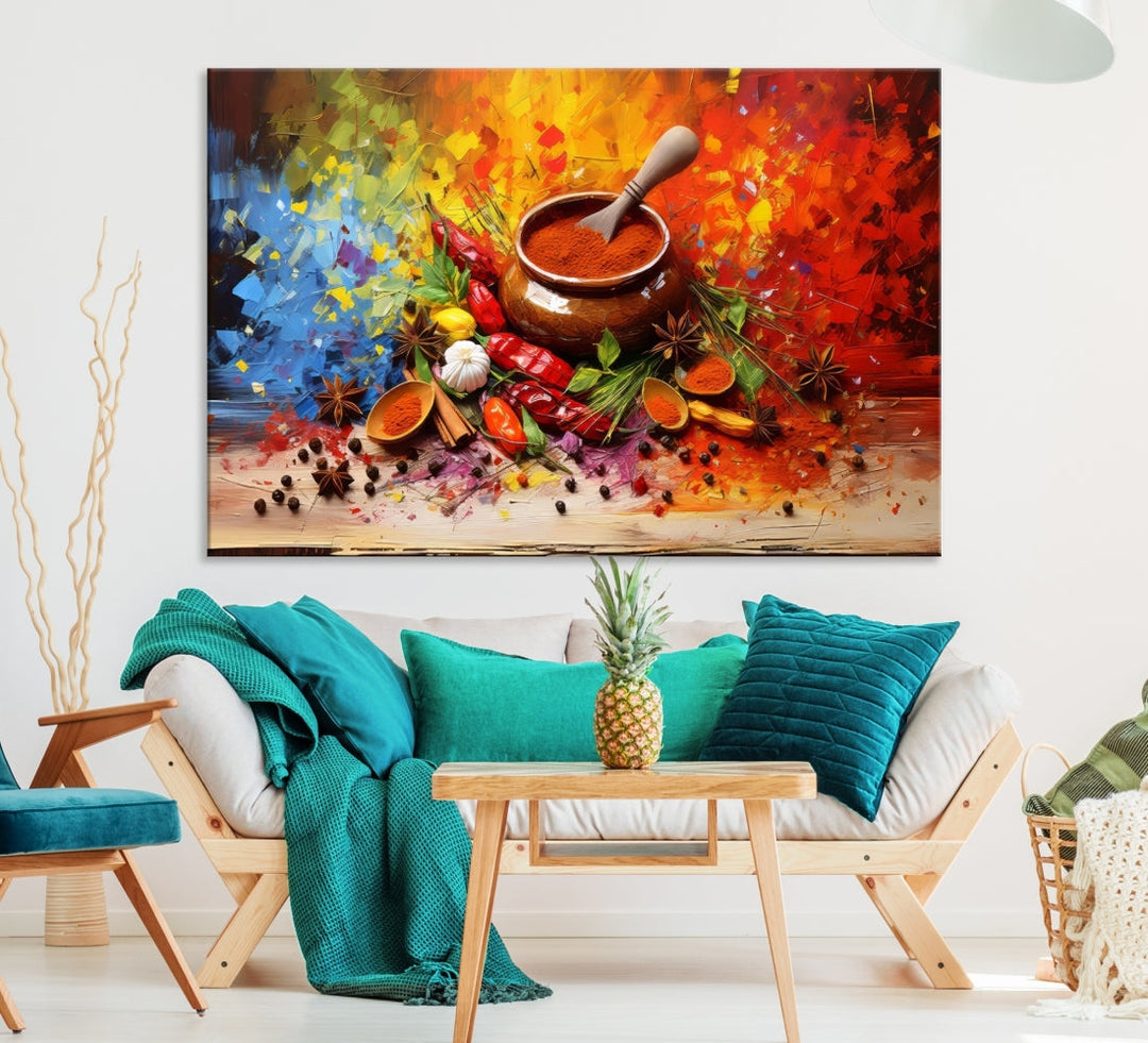 The Abstract Spoonful of Spice Art Print Kitchen Herbs and Spices, a triptych featuring colorful spices and a wooden bowl printed on museum-quality canvas, is ready to hang.