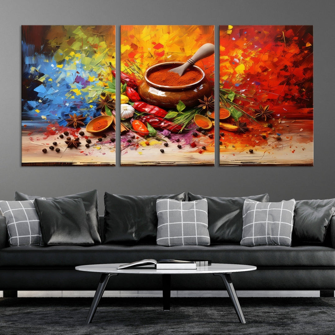 The Abstract Spoonful of Spice Art Print Kitchen Herbs and Spices, a triptych featuring colorful spices and a wooden bowl printed on museum-quality canvas, is ready to hang.