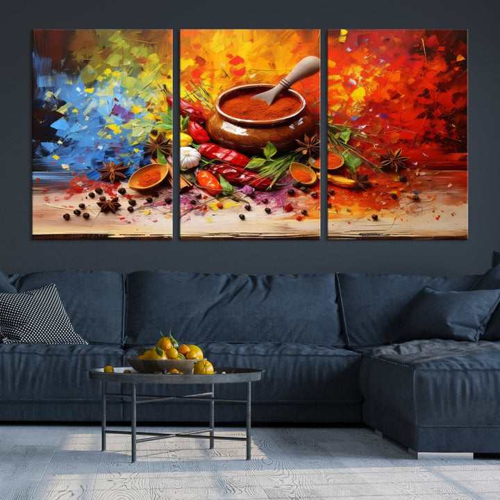 The Abstract Spoonful of Spice Art Print Kitchen Herbs and Spices, a triptych featuring colorful spices and a wooden bowl printed on museum-quality canvas, is ready to hang.