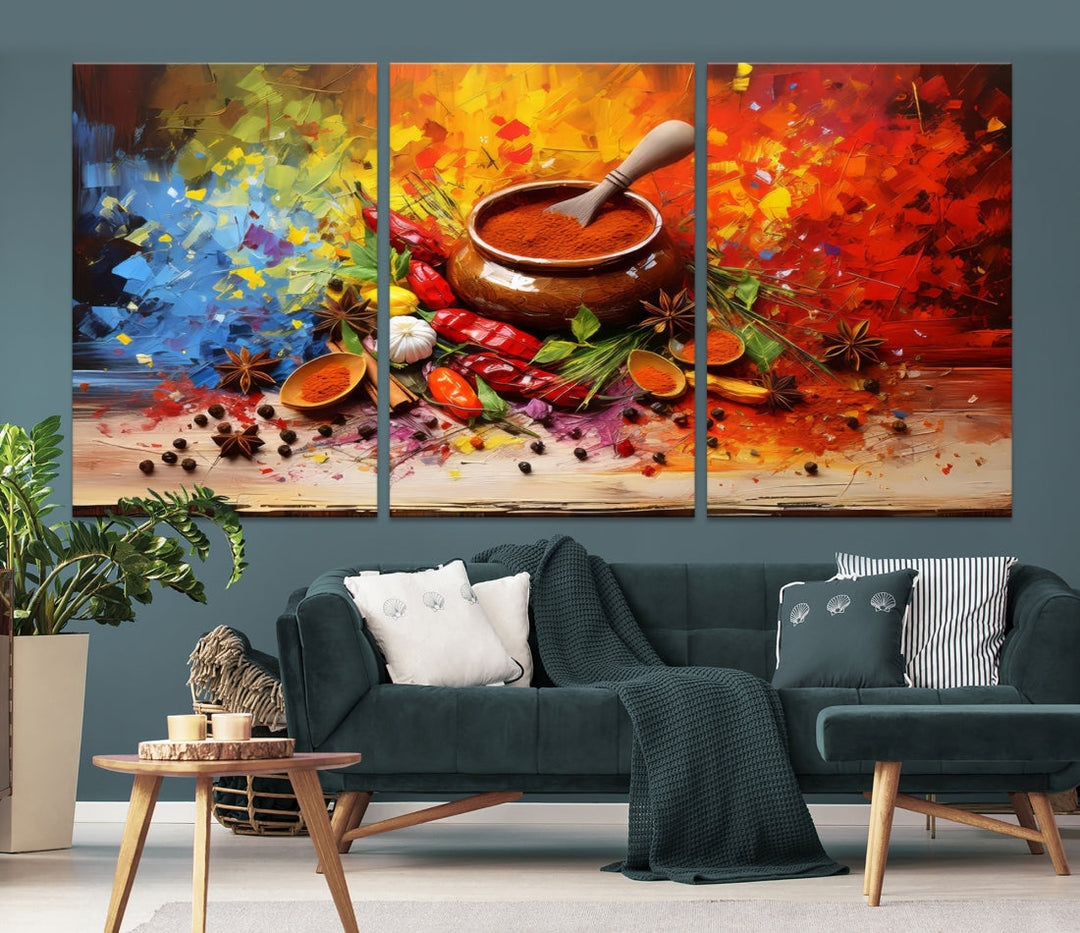 The Abstract Spoonful of Spice Art Print Kitchen Herbs and Spices, a triptych featuring colorful spices and a wooden bowl printed on museum-quality canvas, is ready to hang.