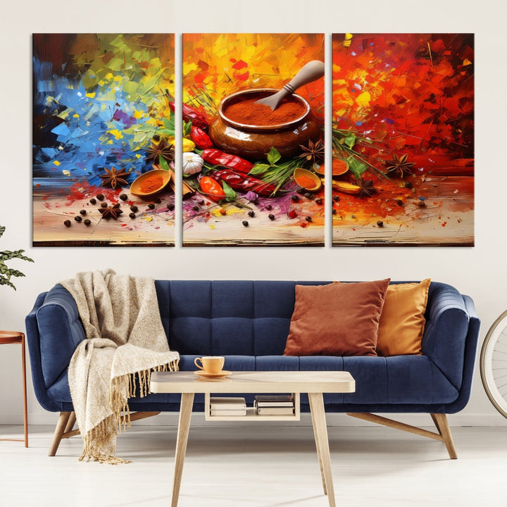 The Abstract Spoonful of Spice Art Print Kitchen Herbs and Spices, a triptych featuring colorful spices and a wooden bowl printed on museum-quality canvas, is ready to hang.