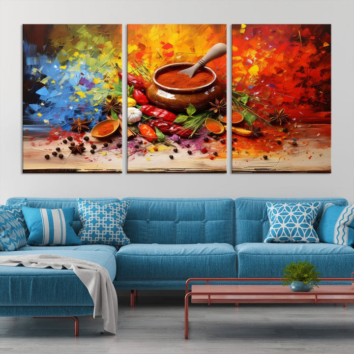 The Abstract Spoonful of Spice Art Print Kitchen Herbs and Spices, a triptych featuring colorful spices and a wooden bowl printed on museum-quality canvas, is ready to hang.