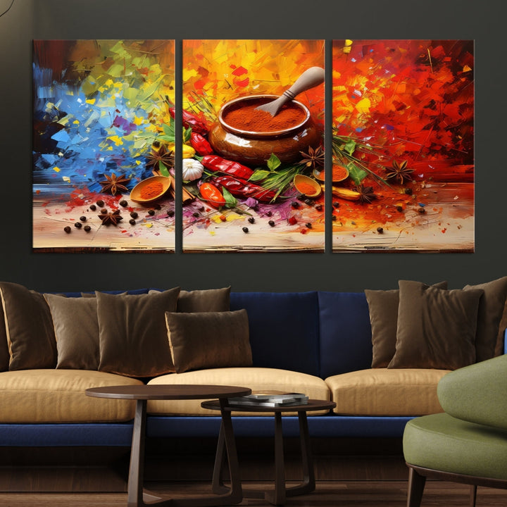 The Abstract Spoonful of Spice Art Print Kitchen Herbs and Spices, a triptych featuring colorful spices and a wooden bowl printed on museum-quality canvas, is ready to hang.