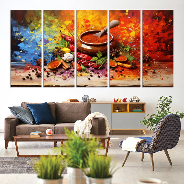 The Abstract Spoonful of Spice Art Print Kitchen Herbs and Spices, a triptych featuring colorful spices and a wooden bowl printed on museum-quality canvas, is ready to hang.