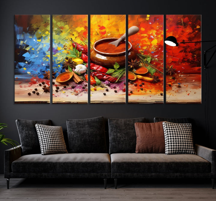 The Abstract Spoonful of Spice Art Print Kitchen Herbs and Spices, a triptych featuring colorful spices and a wooden bowl printed on museum-quality canvas, is ready to hang.