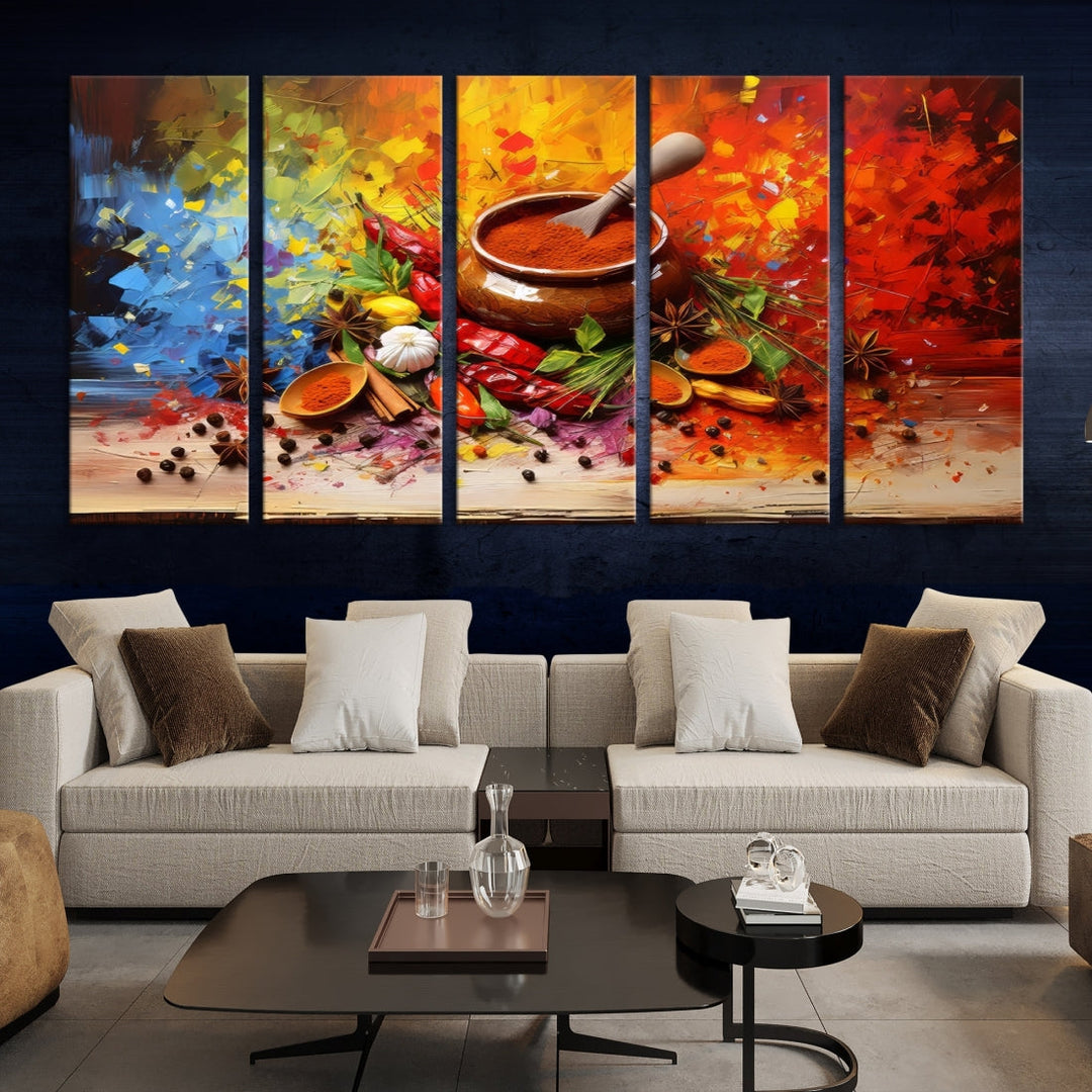 The Abstract Spoonful of Spice Art Print Kitchen Herbs and Spices, a triptych featuring colorful spices and a wooden bowl printed on museum-quality canvas, is ready to hang.