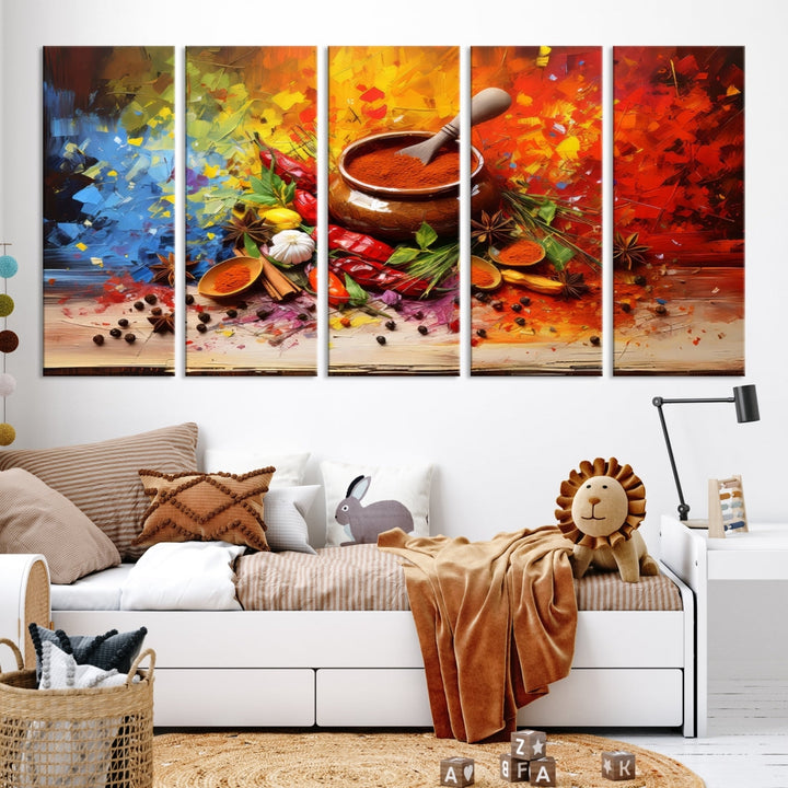 The Abstract Spoonful of Spice Art Print Kitchen Herbs and Spices, a triptych featuring colorful spices and a wooden bowl printed on museum-quality canvas, is ready to hang.