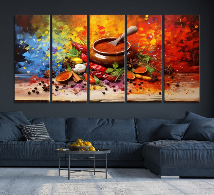 The Abstract Spoonful of Spice Art Print Kitchen Herbs and Spices, a triptych featuring colorful spices and a wooden bowl printed on museum-quality canvas, is ready to hang.