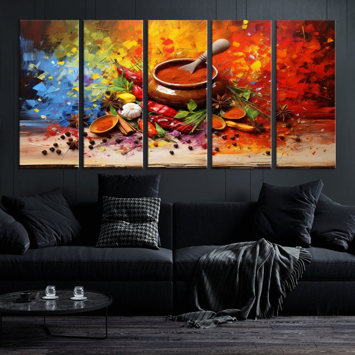 The Abstract Spoonful of Spice Art Print Kitchen Herbs and Spices, a triptych featuring colorful spices and a wooden bowl printed on museum-quality canvas, is ready to hang.