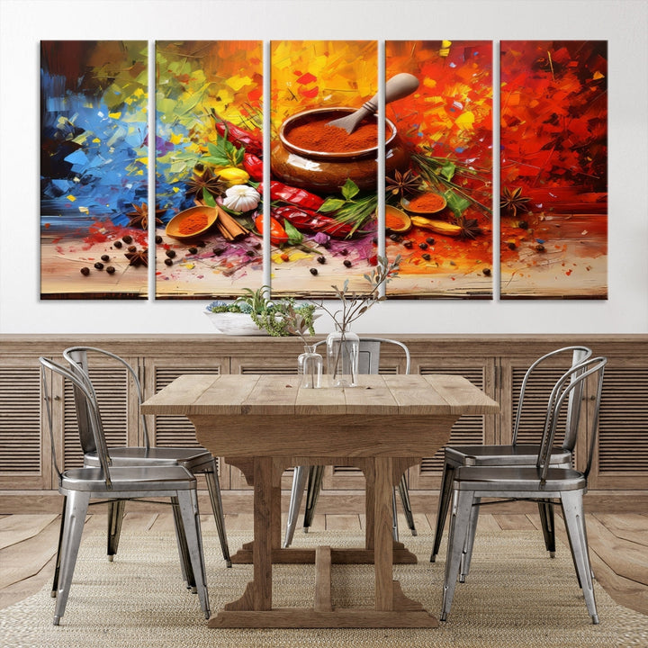 The Abstract Spoonful of Spice Art Print Kitchen Herbs and Spices, a triptych featuring colorful spices and a wooden bowl printed on museum-quality canvas, is ready to hang.