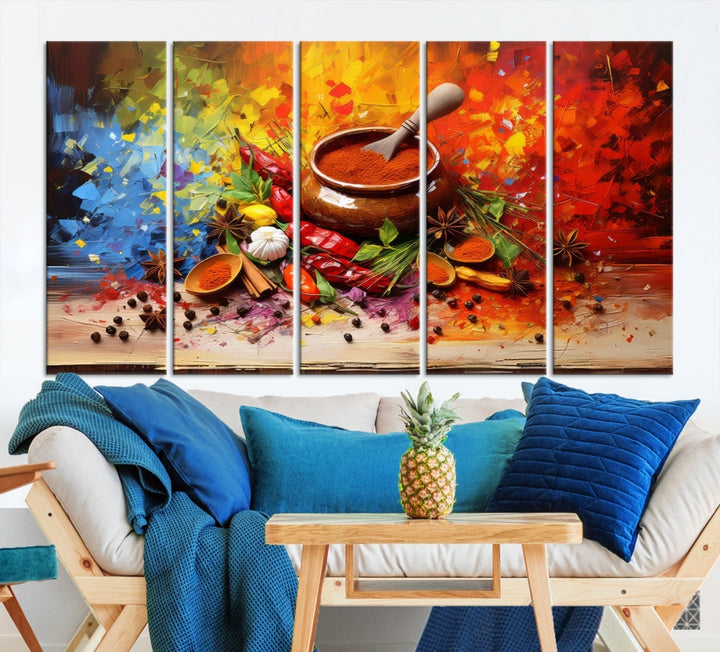 The Abstract Spoonful of Spice Art Print Kitchen Herbs and Spices, a triptych featuring colorful spices and a wooden bowl printed on museum-quality canvas, is ready to hang.