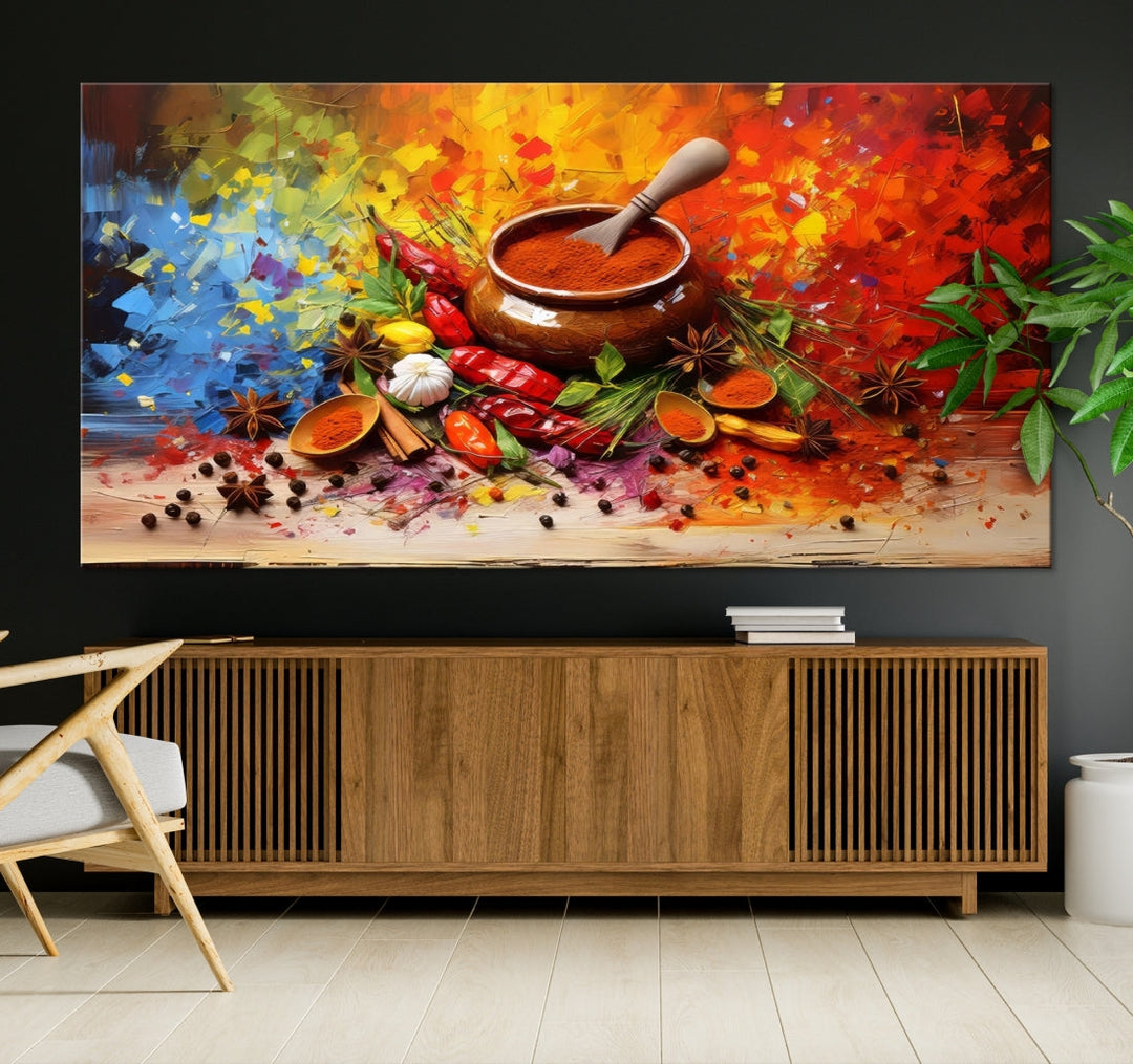 The Abstract Spoonful of Spice Art Print Kitchen Herbs and Spices, a triptych featuring colorful spices and a wooden bowl printed on museum-quality canvas, is ready to hang.