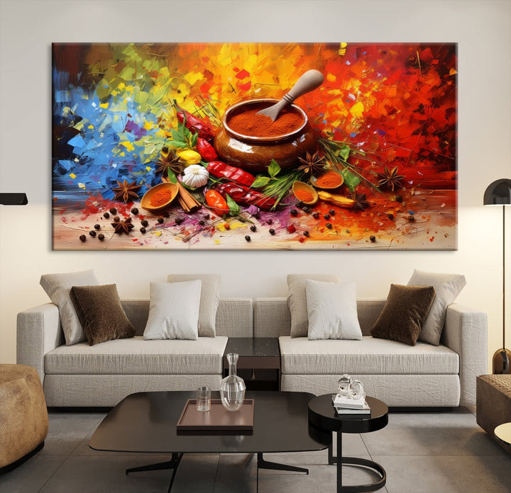 The Abstract Spoonful of Spice Art Print Kitchen Herbs and Spices, a triptych featuring colorful spices and a wooden bowl printed on museum-quality canvas, is ready to hang.