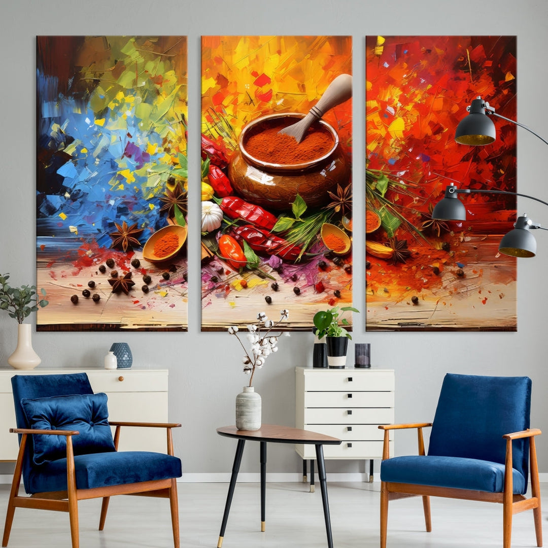 The Abstract Spoonful of Spice Art Print Kitchen Herbs and Spices, a triptych featuring colorful spices and a wooden bowl printed on museum-quality canvas, is ready to hang.