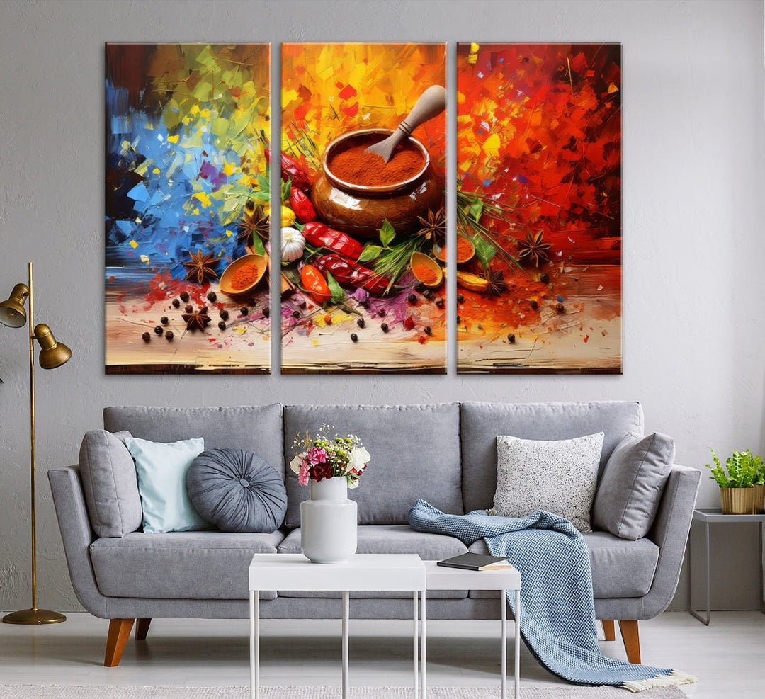 The Abstract Spoonful of Spice Art Print Kitchen Herbs and Spices, a triptych featuring colorful spices and a wooden bowl printed on museum-quality canvas, is ready to hang.