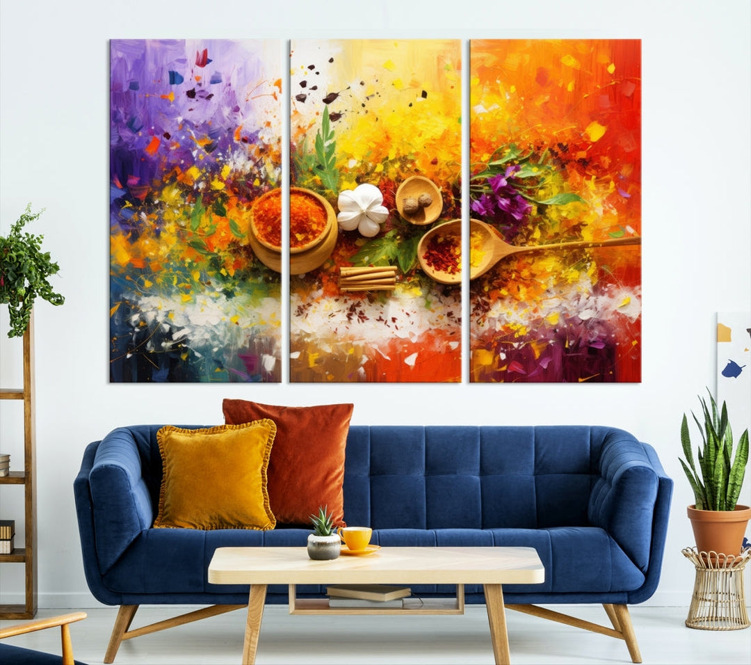 The Abstract Spoonful of Spice Art Print Kitchen Wall, featuring a colorful triptych design of spices and herbs on museum-quality canvas with a UV-protective coating, enhances the modern living room. It's ready to hang, adding a vibrant touch to the space.