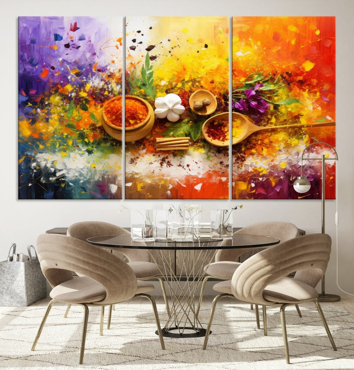 The Abstract Spoonful of Spice Art Print Kitchen Wall, featuring a colorful triptych design of spices and herbs on museum-quality canvas with a UV-protective coating, enhances the modern living room. It's ready to hang, adding a vibrant touch to the space.