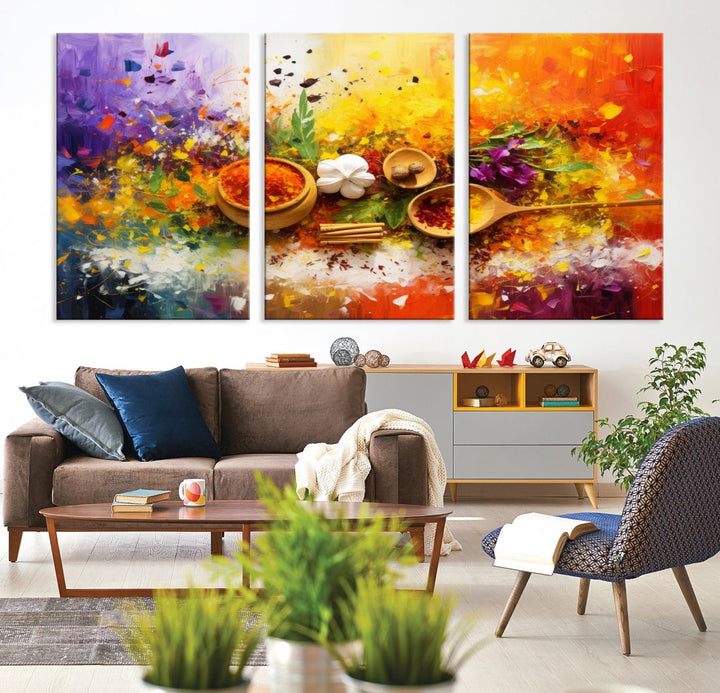 The Abstract Spoonful of Spice Art Print Kitchen Wall, featuring a colorful triptych design of spices and herbs on museum-quality canvas with a UV-protective coating, enhances the modern living room. It's ready to hang, adding a vibrant touch to the space.