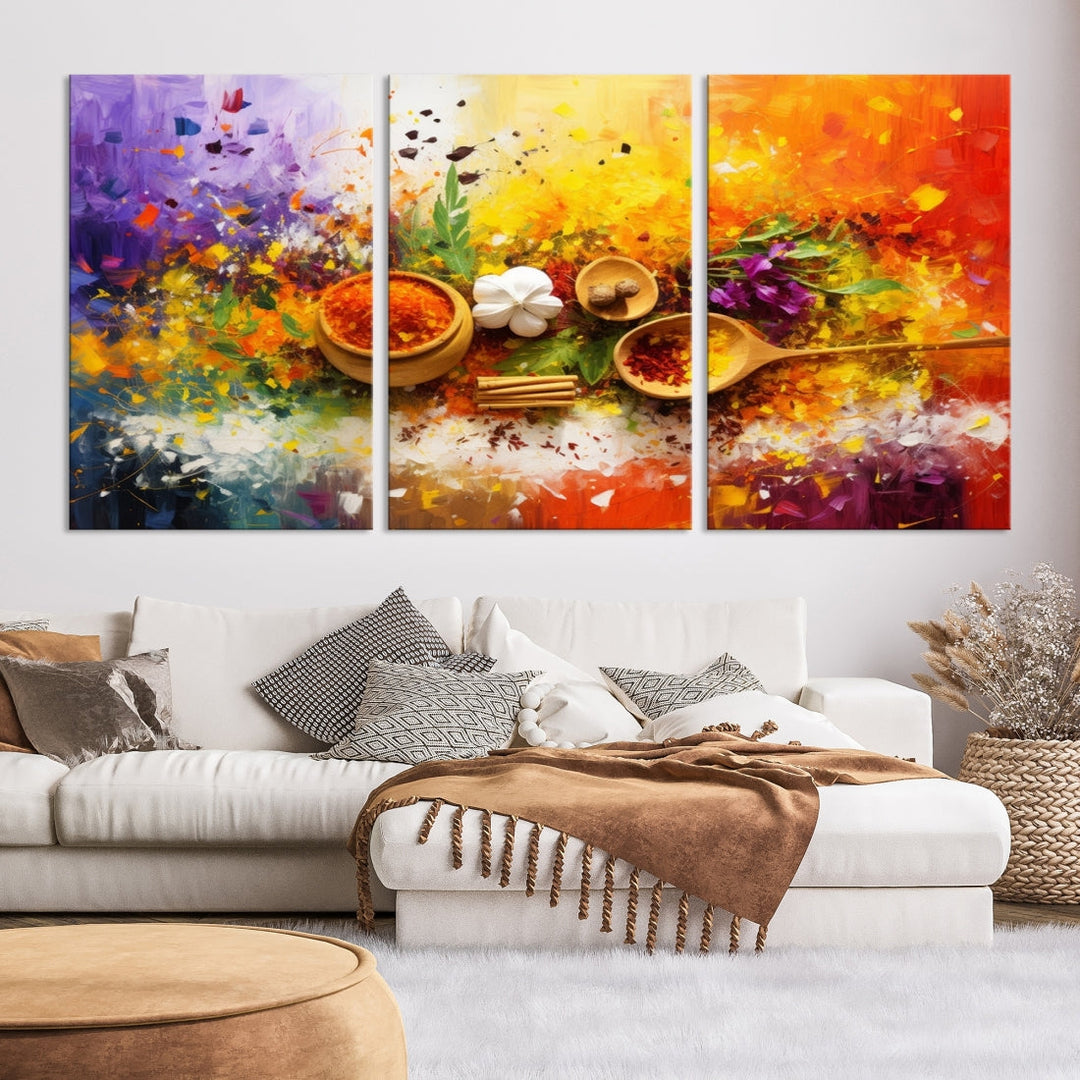 The Abstract Spoonful of Spice Art Print Kitchen Wall, featuring a colorful triptych design of spices and herbs on museum-quality canvas with a UV-protective coating, enhances the modern living room. It's ready to hang, adding a vibrant touch to the space.