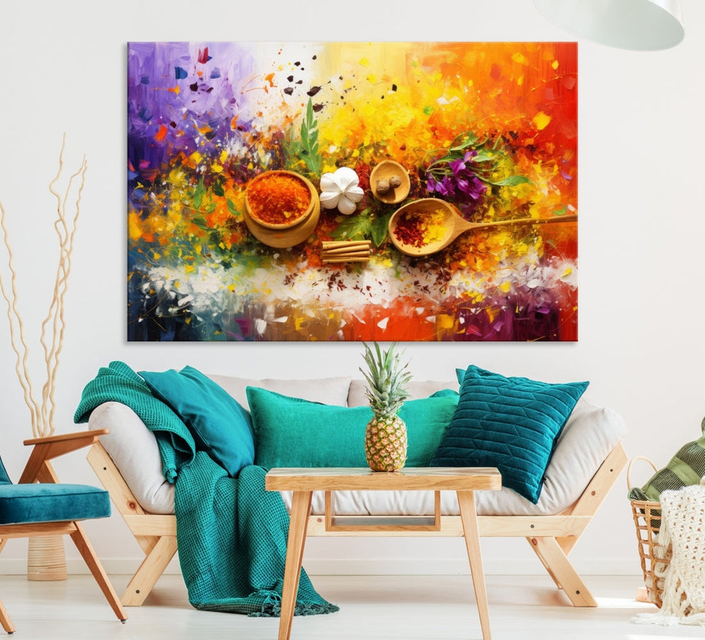 The Abstract Spoonful of Spice Art Print Kitchen Wall, featuring a colorful triptych design of spices and herbs on museum-quality canvas with a UV-protective coating, enhances the modern living room. It's ready to hang, adding a vibrant touch to the space.