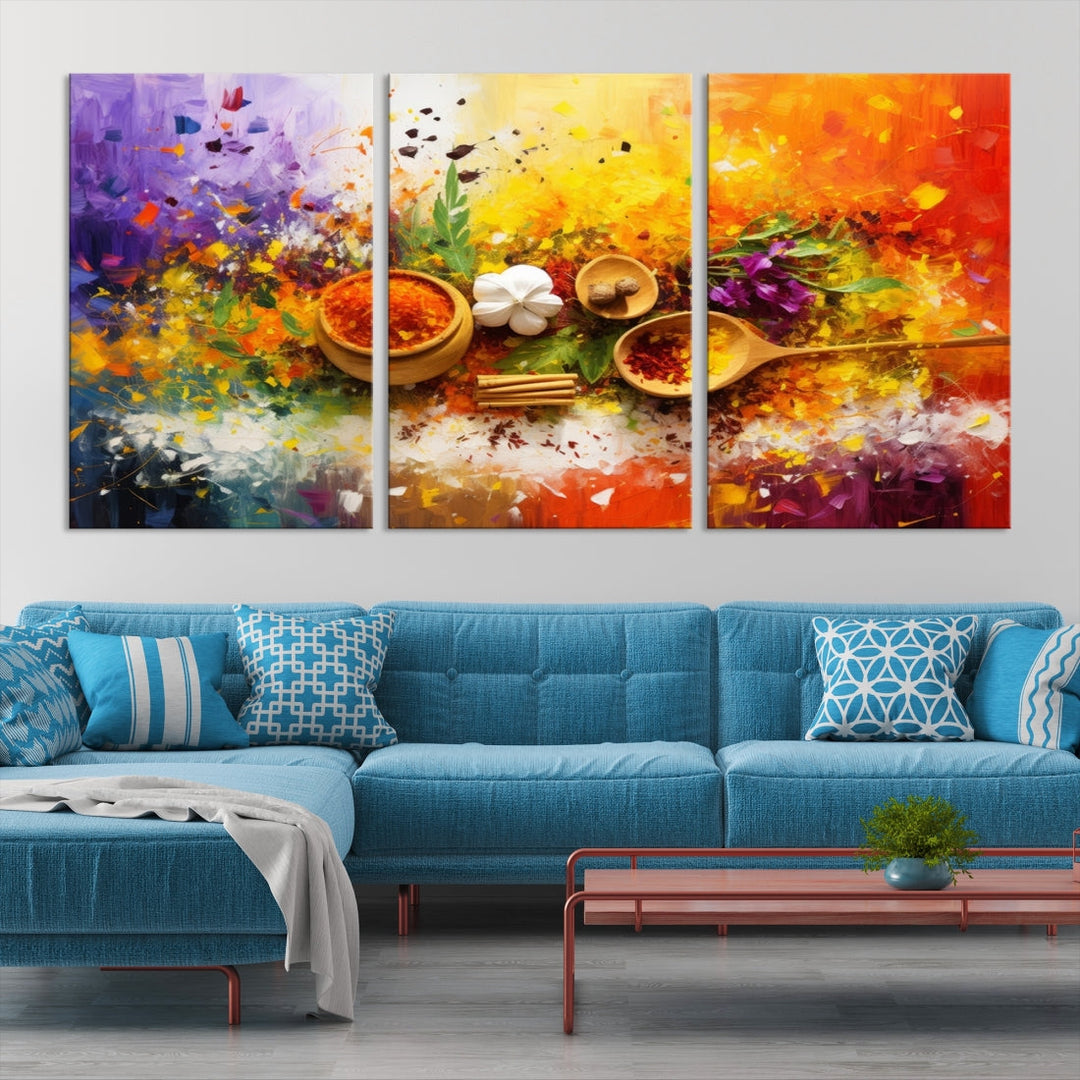 The Abstract Spoonful of Spice Art Print Kitchen Wall, featuring a colorful triptych design of spices and herbs on museum-quality canvas with a UV-protective coating, enhances the modern living room. It's ready to hang, adding a vibrant touch to the space.