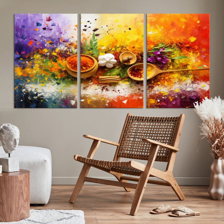 The Abstract Spoonful of Spice Art Print Kitchen Wall, featuring a colorful triptych design of spices and herbs on museum-quality canvas with a UV-protective coating, enhances the modern living room. It's ready to hang, adding a vibrant touch to the space.