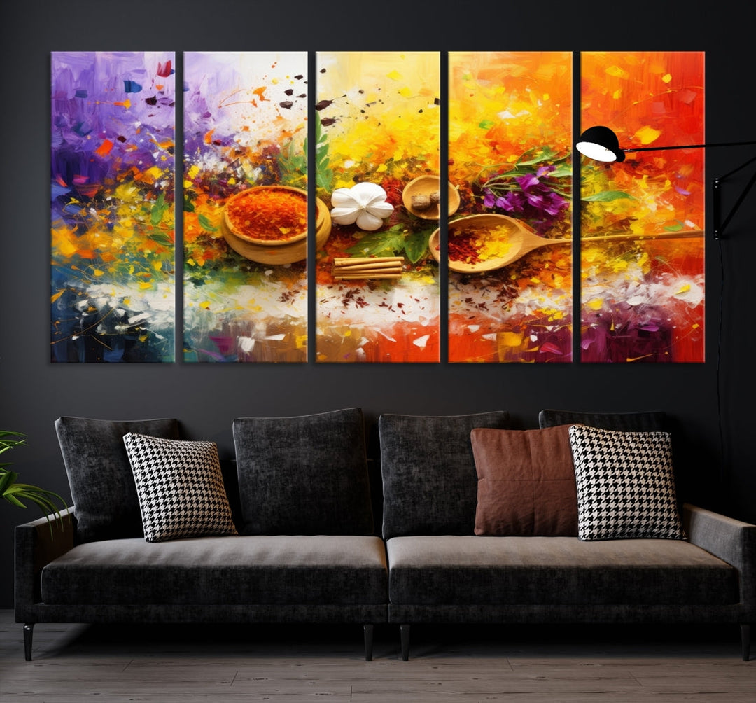 The Abstract Spoonful of Spice Art Print Kitchen Wall, featuring a colorful triptych design of spices and herbs on museum-quality canvas with a UV-protective coating, enhances the modern living room. It's ready to hang, adding a vibrant touch to the space.