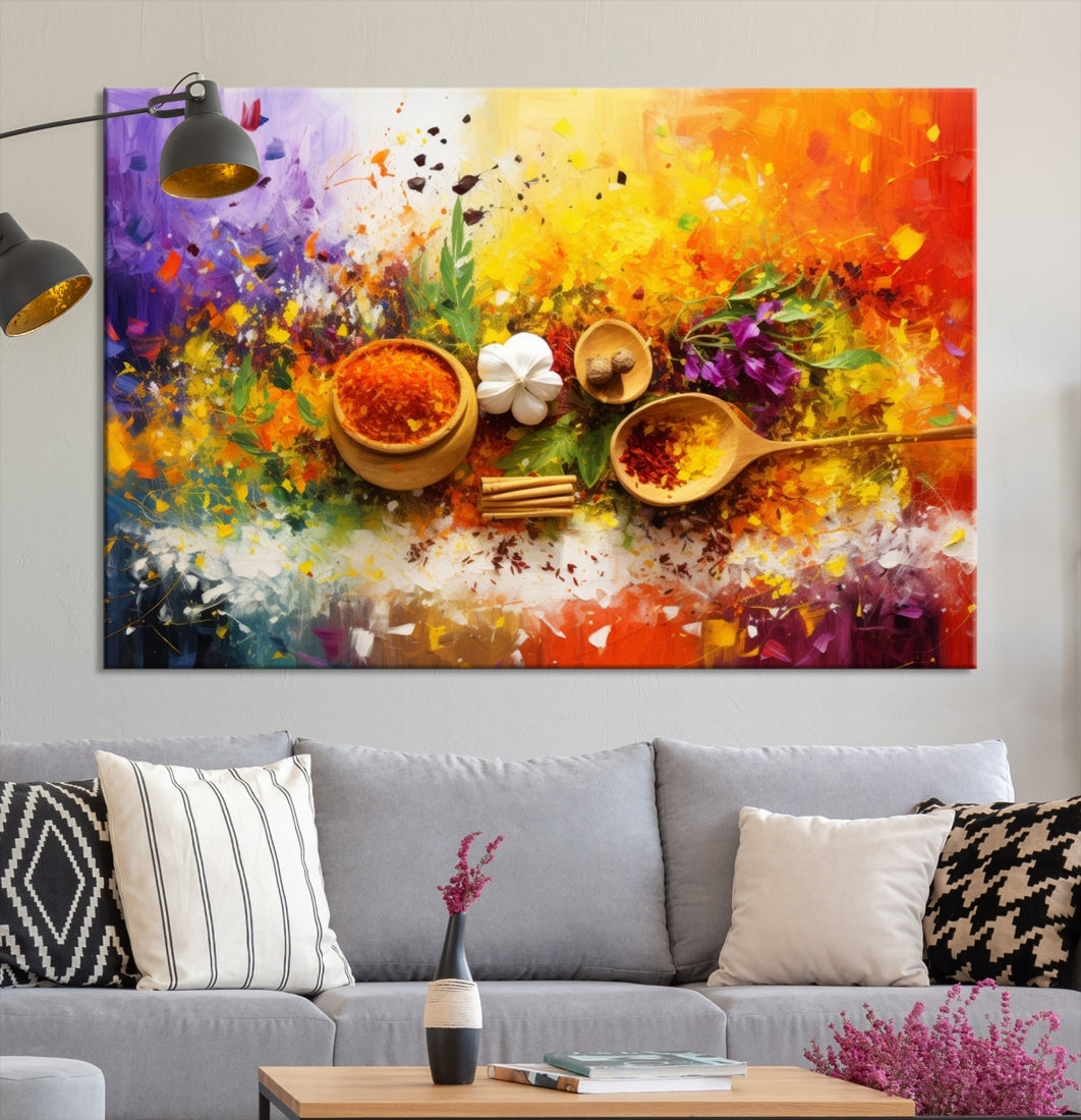 The Abstract Spoonful of Spice Art Print Kitchen Wall, featuring a colorful triptych design of spices and herbs on museum-quality canvas with a UV-protective coating, enhances the modern living room. It's ready to hang, adding a vibrant touch to the space.