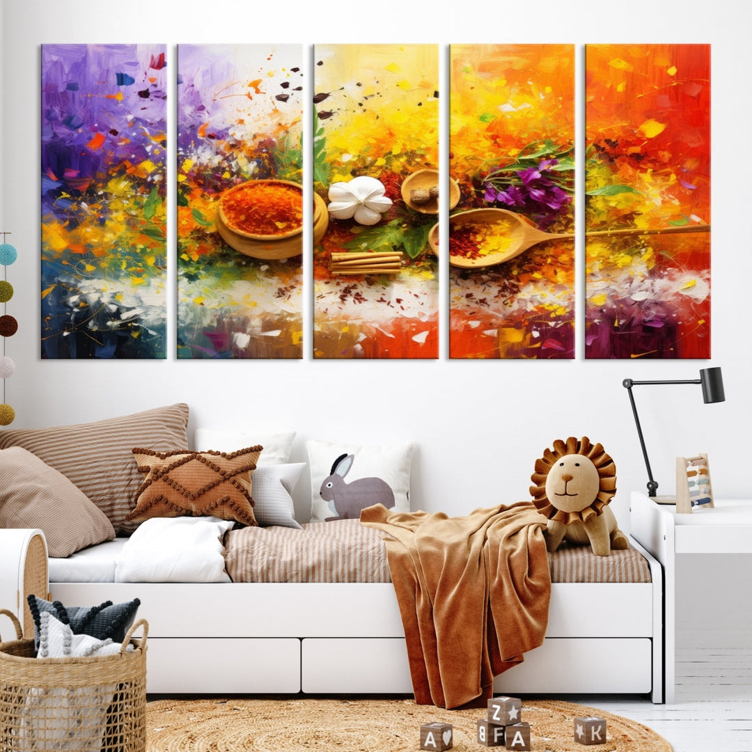 The Abstract Spoonful of Spice Art Print Kitchen Wall, featuring a colorful triptych design of spices and herbs on museum-quality canvas with a UV-protective coating, enhances the modern living room. It's ready to hang, adding a vibrant touch to the space.