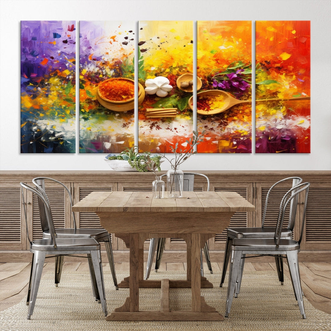 The Abstract Spoonful of Spice Art Print Kitchen Wall, featuring a colorful triptych design of spices and herbs on museum-quality canvas with a UV-protective coating, enhances the modern living room. It's ready to hang, adding a vibrant touch to the space.