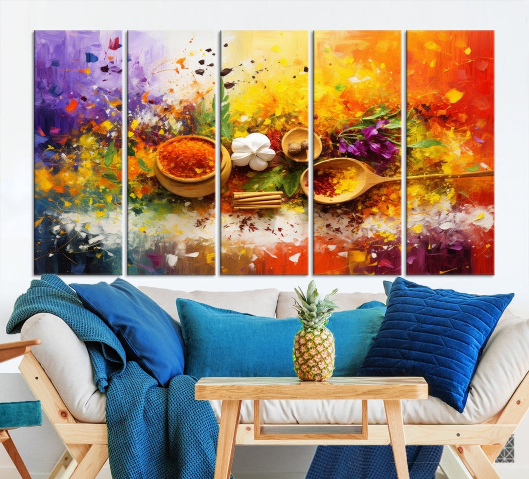 The Abstract Spoonful of Spice Art Print Kitchen Wall, featuring a colorful triptych design of spices and herbs on museum-quality canvas with a UV-protective coating, enhances the modern living room. It's ready to hang, adding a vibrant touch to the space.