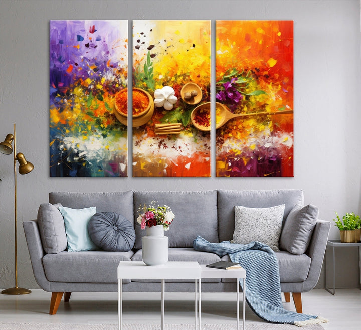 The Abstract Spoonful of Spice Art Print Kitchen Wall, featuring a colorful triptych design of spices and herbs on museum-quality canvas with a UV-protective coating, enhances the modern living room. It's ready to hang, adding a vibrant touch to the space.