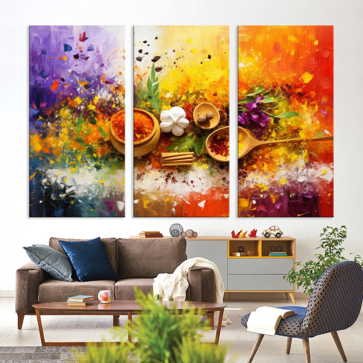 The Abstract Spoonful of Spice Art Print Kitchen Wall, featuring a colorful triptych design of spices and herbs on museum-quality canvas with a UV-protective coating, enhances the modern living room. It's ready to hang, adding a vibrant touch to the space.