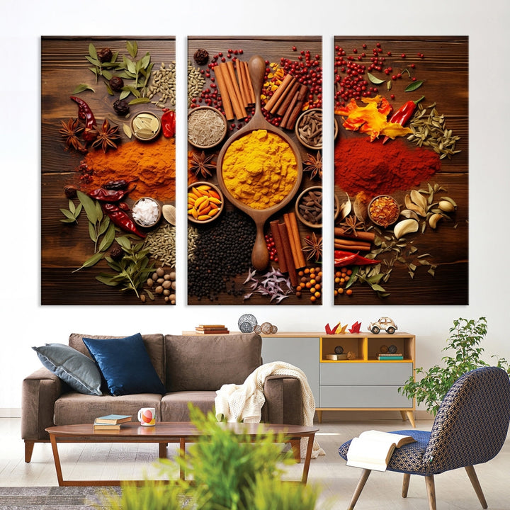 The wall art, an Abstract Spoonful of Spice Art Print triptych, is crafted on museum-quality canvas with a UV-protective coating, ensuring lasting brilliance. Ready to hang, it showcases an array of colorful spices and herbs.