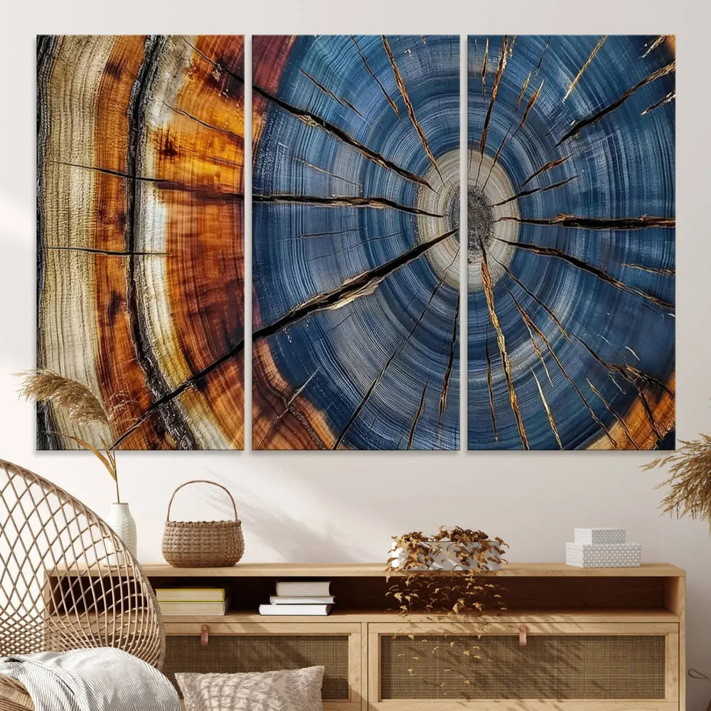 A modern living room features Abstract Tree Rings Canvas Wall Art.