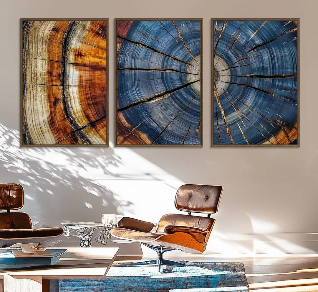 A modern living room features Abstract Tree Rings Canvas Wall Art.