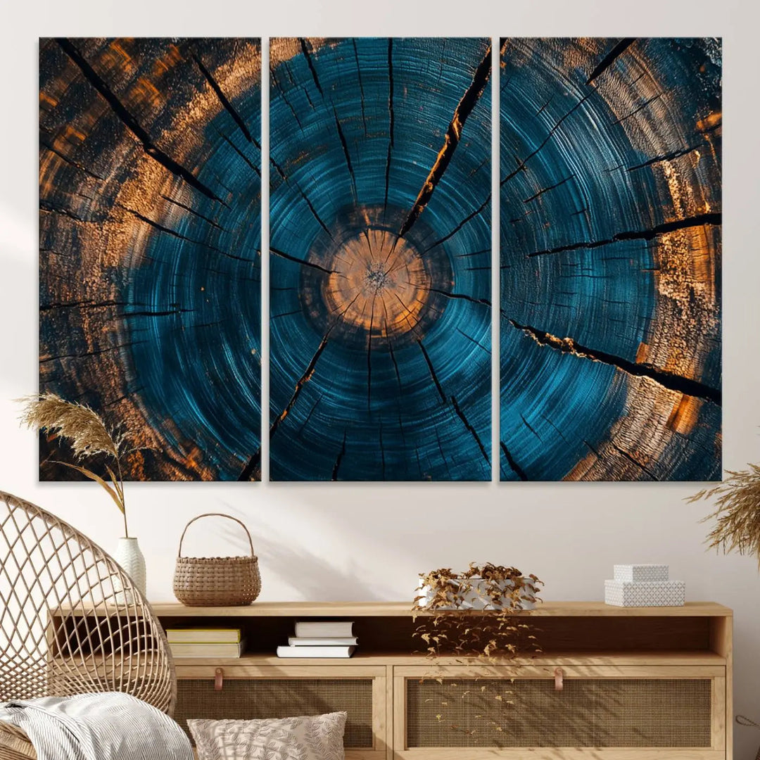 Abstract Tree Rings Canvas Print in blue and orange.