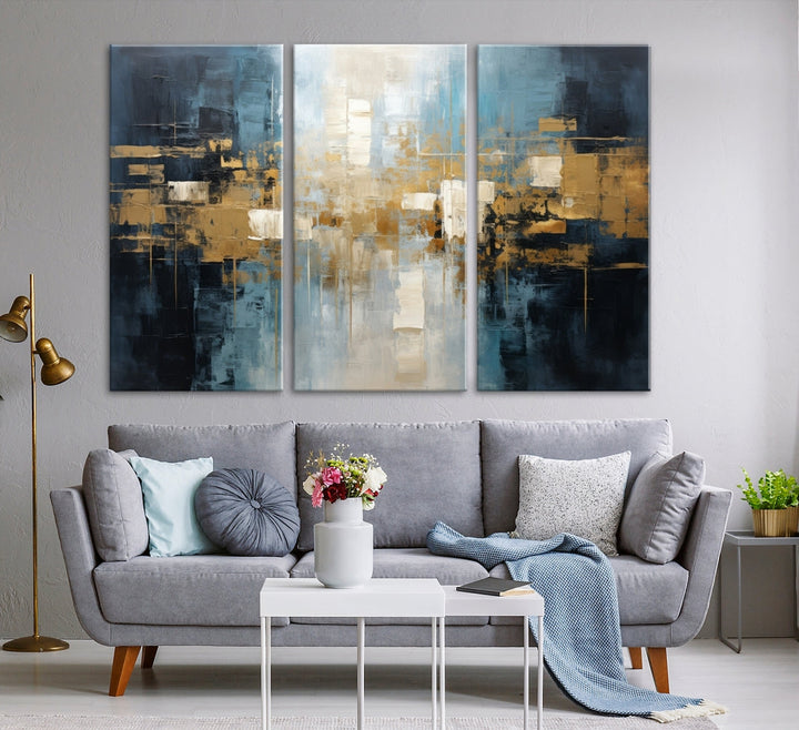 A modern living room features an Abstract Wall Art Print Contemporary Artwork on museum-quality canvas with UV-protective coating. A gallery-wrapped piece hangs prominently, showcasing its captivating design.