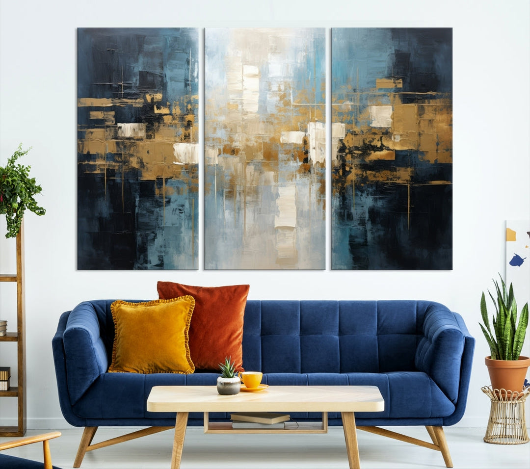 A modern living room features an Abstract Wall Art Print Contemporary Artwork on museum-quality canvas with UV-protective coating. A gallery-wrapped piece hangs prominently, showcasing its captivating design.