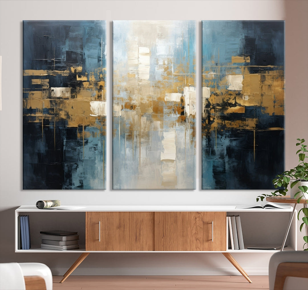 A modern living room features an Abstract Wall Art Print Contemporary Artwork on museum-quality canvas with UV-protective coating. A gallery-wrapped piece hangs prominently, showcasing its captivating design.