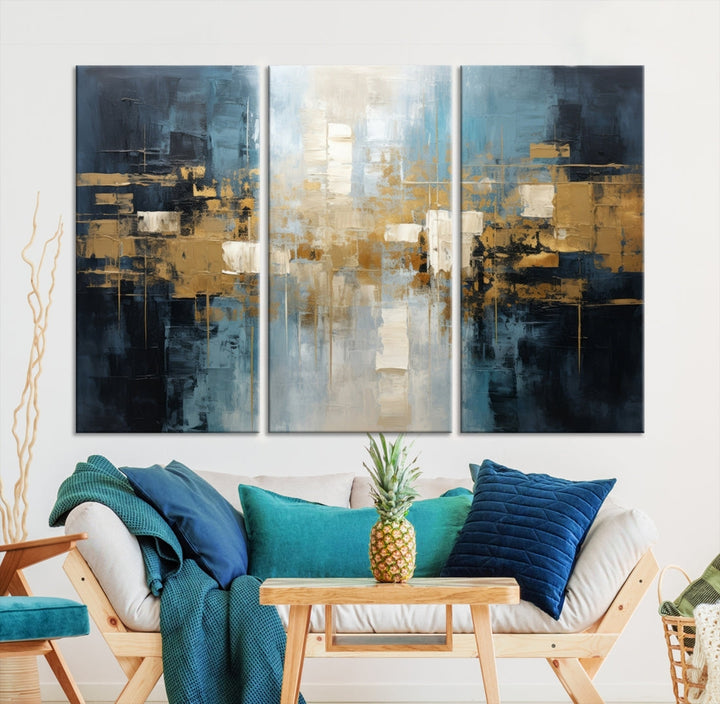 A modern living room features an Abstract Wall Art Print Contemporary Artwork on museum-quality canvas with UV-protective coating. A gallery-wrapped piece hangs prominently, showcasing its captivating design.