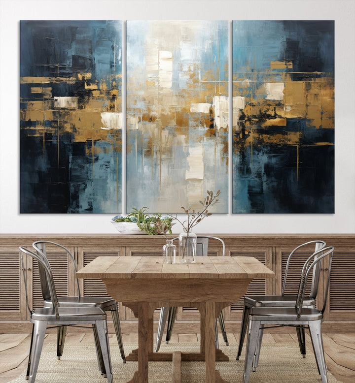 A modern living room features an Abstract Wall Art Print Contemporary Artwork on museum-quality canvas with UV-protective coating. A gallery-wrapped piece hangs prominently, showcasing its captivating design.