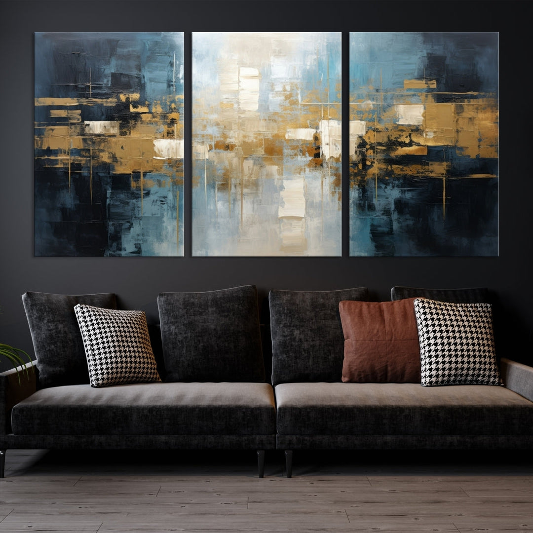 A modern living room features an Abstract Wall Art Print Contemporary Artwork on museum-quality canvas with UV-protective coating. A gallery-wrapped piece hangs prominently, showcasing its captivating design.