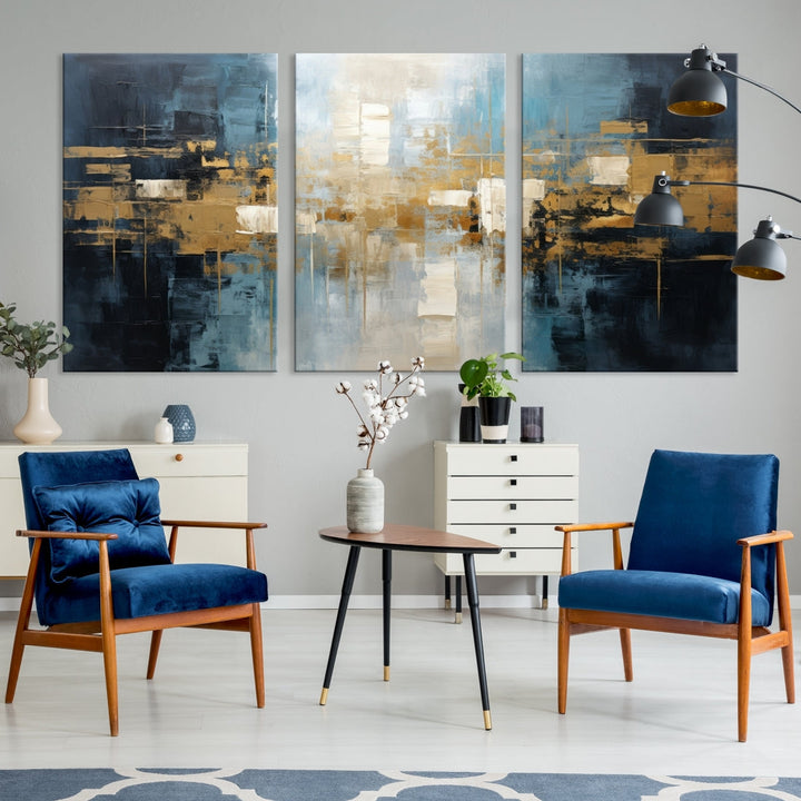 A modern living room features an Abstract Wall Art Print Contemporary Artwork on museum-quality canvas with UV-protective coating. A gallery-wrapped piece hangs prominently, showcasing its captivating design.