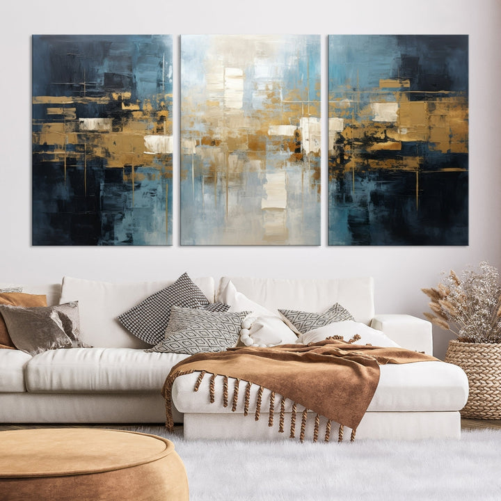 A modern living room features an Abstract Wall Art Print Contemporary Artwork on museum-quality canvas with UV-protective coating. A gallery-wrapped piece hangs prominently, showcasing its captivating design.